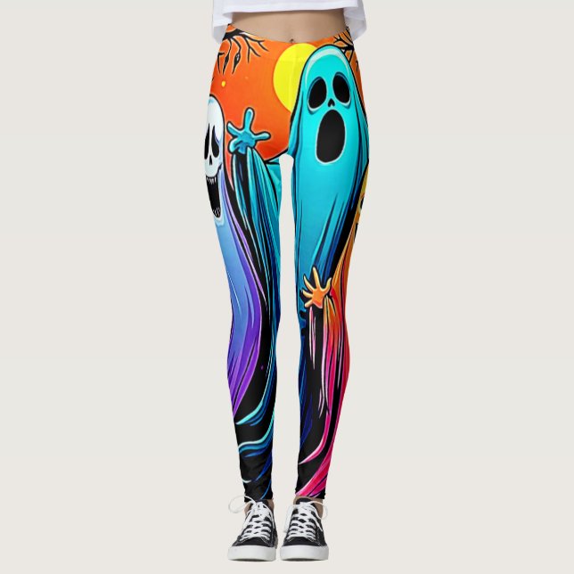 Three Spooky Halloween Ghosts Design Leggings (Front)