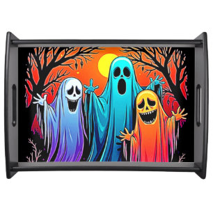 Three Spooky Halloween Ghosts Design Serving Tray