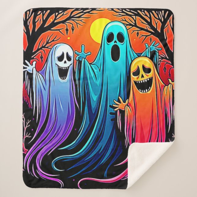 Three Spooky Halloween Ghosts Design Sherpa Blanket (Front)