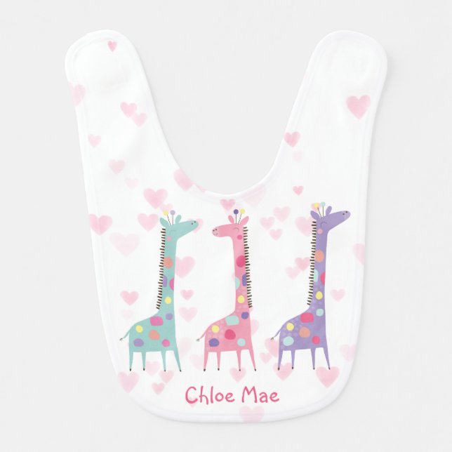 Three Spotted Giraffes on Hearts Baby Bib (Front)