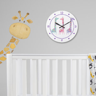 Three Spotted Giraffes Purple Heart Kids Large Clock
