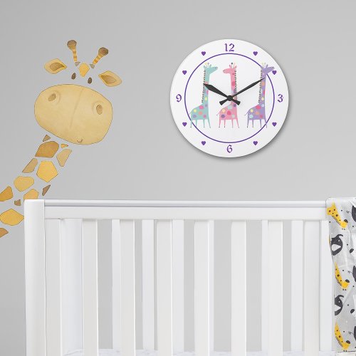 Three Spotted Giraffes Purple Heart Kids Large Clock