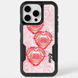Three Stacked Tattered Hearts Artwork Over Swirls iPhone 15 Pro Max Case