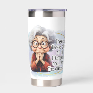 Three stages to old age with gray haired old lady insulated tumbler