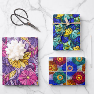 Three Stained Glass Abstract Floral Patterns Wrapping Paper Sheets