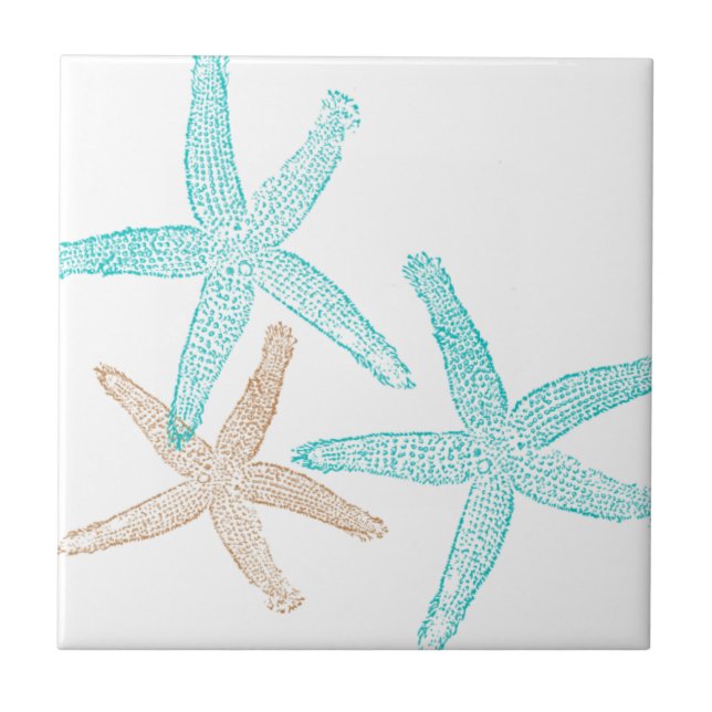 Three Starfish Teal and Tan Ceramic Tile (Front)