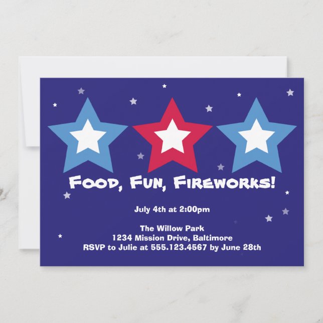 Three stars food fun fireworks 4th of July party Invitation (Front)