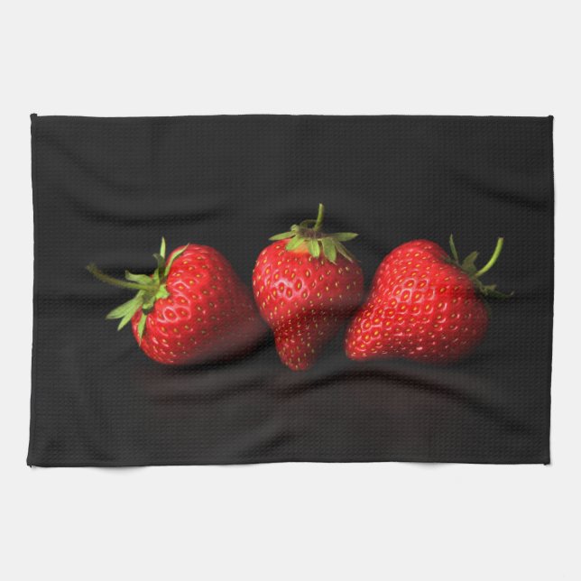 Three Strawberries On Black ktcna Kitchen Towel (Horizontal)