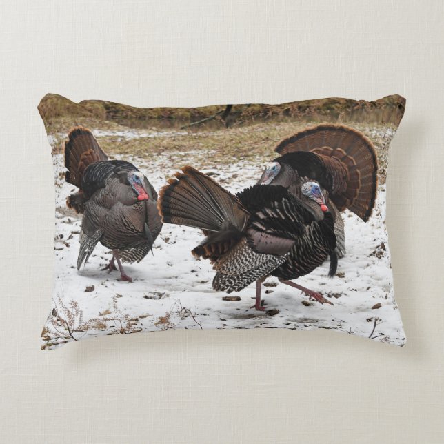 Three Strutting Wild Turkeys Photographic Art Accent Pillow (Front)