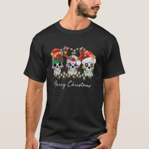 Three Sugar Skull Christmas Lights Reindeer Santa T-Shirt