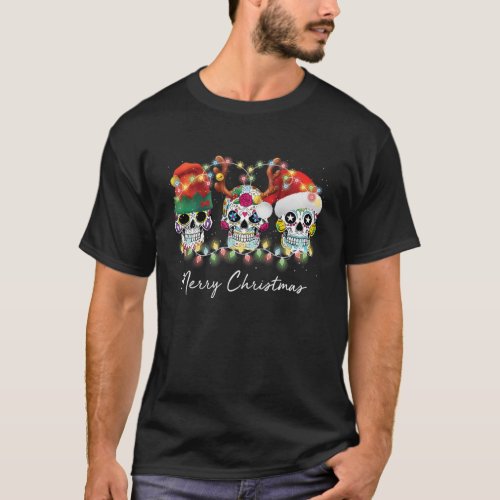 Three Sugar Skull Christmas Lights Reindeer Santa T_Shirt