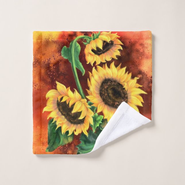 Three Sunflowers Bath Towel Set - Painting   (Wash Cloth)