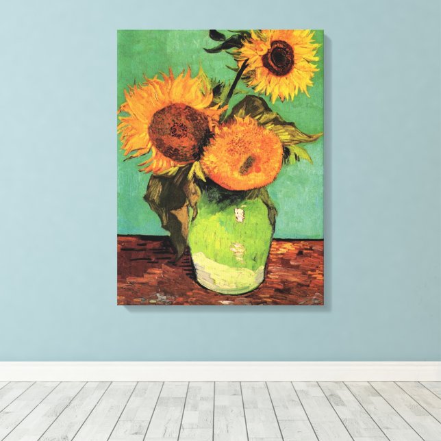 Three Sunflowers in a Vase by Vincent van Gogh Canvas Print (Insitu(Wood Floor))