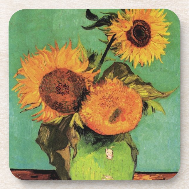 Three Sunflowers in a Vase by Vincent van Gogh Coaster (Front)