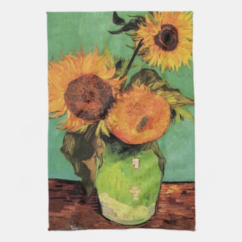 Three Sunflowers in a Vase by Vincent van Gogh Kitchen Towel