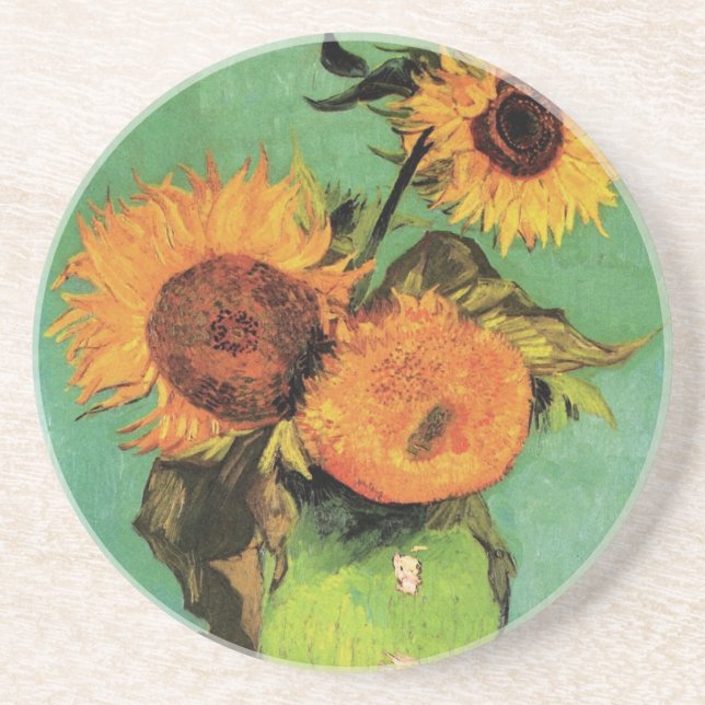 Three Sunflowers in a Vase by Vincent van Gogh Sandstone Coaster (Front)