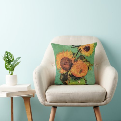 Three Sunflowers in a Vase by Vincent van Gogh Throw Pillow