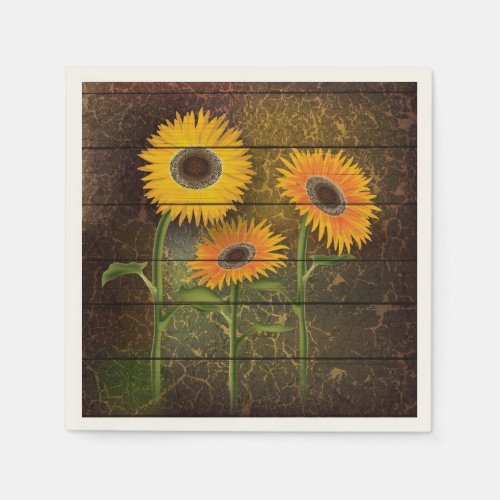 Three Sunflowers On Brown Barn Board Paper Napkins