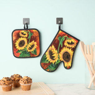 Three Sunflowers Oven Mitt & Pot Holder Set