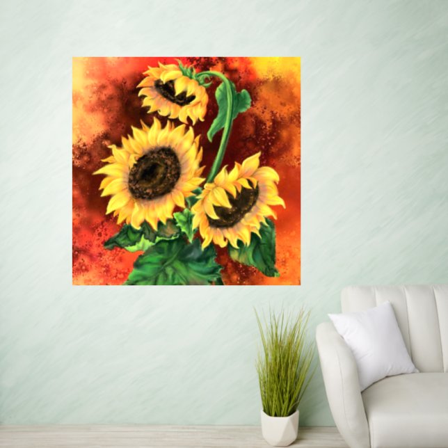 Three Sunflowers Painting Wall Decal (Living Room)