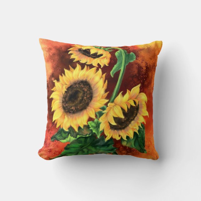 Three Sunflowers Throw Pillow (Front)