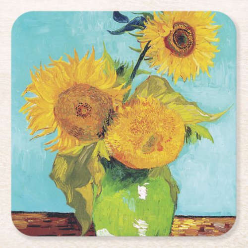 Three Sunflowers Van Gogh Square Paper Coaster