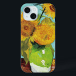 Three Sunflowers | Vincent van Gogh iPhone 15 Case<br><div class="desc">Three Sunflowers (1888) by Vincent van Gogh is a vibrant still life that showcases the artist’s signature thick brushstrokes and bold use of color. The painting features three sunflowers in a simple vase, their golden petals contrasting against the aqua blue background. Van Gogh's vivid yellow palette brings energy and life...</div>