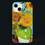 Three Sunflowers | Vincent van Gogh Case-Mate iPhone 14 Case<br><div class="desc">Three Sunflowers (1888) by Vincent van Gogh is a vibrant still life that showcases the artist’s signature thick brushstrokes and bold use of color. The painting features three sunflowers in a simple vase, their golden petals contrasting against the aqua blue background. Van Gogh's vivid yellow palette brings energy and life...</div>