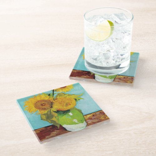 Three Sunflowers  Vincent Van Gogh Glass Coaster