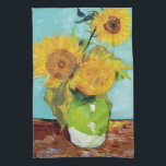 Three Sunflowers | Vincent van Gogh Kitchen Towel<br><div class="desc">Three Sunflowers (1888) by Vincent van Gogh is a vibrant still life that showcases the artist’s signature thick brushstrokes and bold use of color. The painting features three sunflowers in a simple vase, their golden petals contrasting against the aqua blue background. Van Gogh's vivid yellow palette brings energy and life...</div>