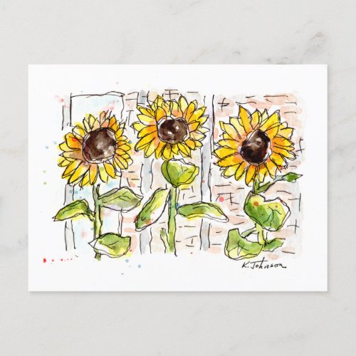 Three Sunflowers Watercolor Postcard
