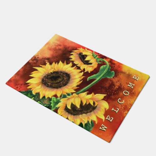 Three Sunflowers Welcome Doormat _ Painting