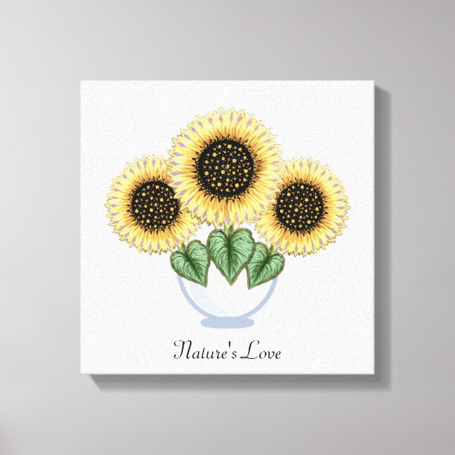 Three Sunflowers with Heart Leaves in a Vase Canvas Print (Front)
