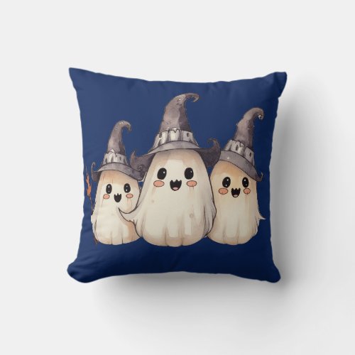 Three Super Cute Ghosts Dark Blue Halloween Throw Pillow