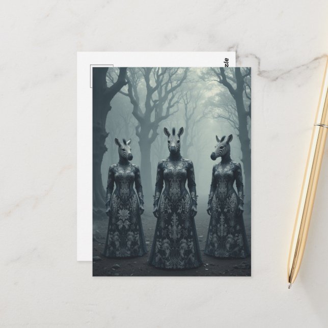 Three Surreal Women With Zebra Heads in Forest Postcard (Front/Back In Situ)