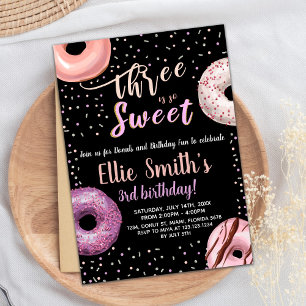 Three Sweet Black Donut Birthday Invitations