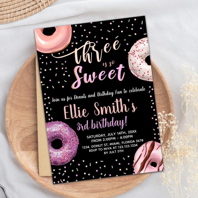 Three Sweet Black Donut Birthday Invitations (Three Sweet Black Donut Birthday Invitations)