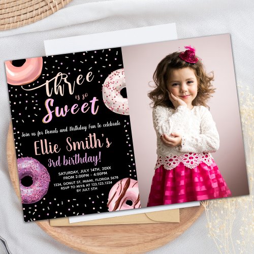 Three Sweet Black Photo Donut Birthday Invitations