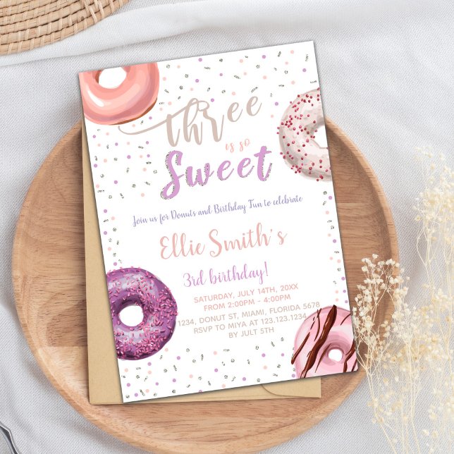 Three Sweet Donut Birthday Invitation (Three Sweet Donut Birthday Invitations)