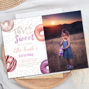 Three Sweet Pink Donut Birthday Invitations