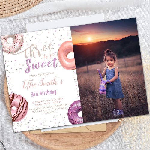 Three Sweet Pink Donut Birthday Invitations photo