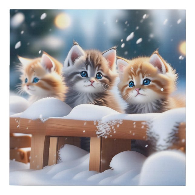 Three Tabby Cats in Snow Faux Wrapped Canvas Print (Front)