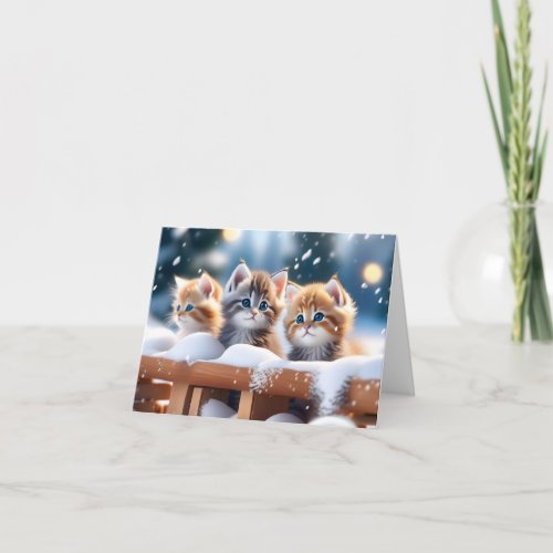 Three Tabby Cats Playing in Snow Blank Christmas Card