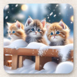 Three Tabby Cats Playing in the Snow  Beverage Coaster