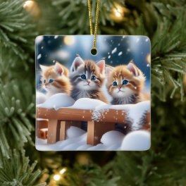 Three Tabby Cats Playing in the Snow Ceramic Ornament