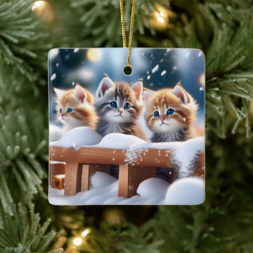 Three Tabby Cats Playing in the Snow  Ceramic Ornament