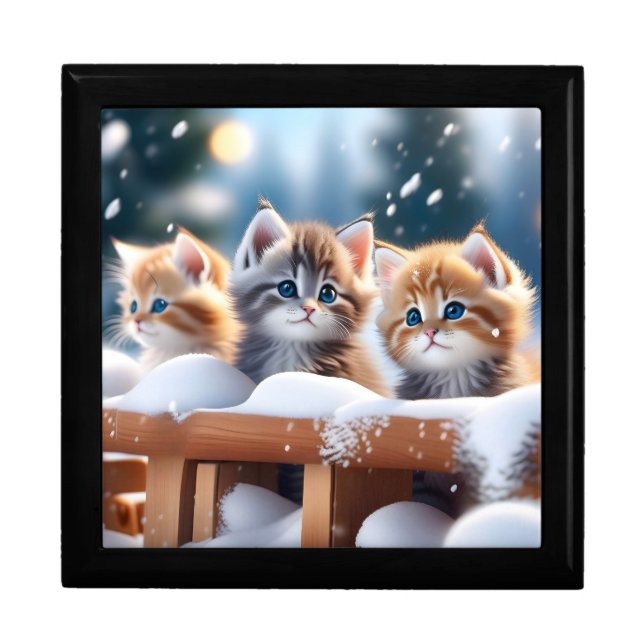 Three Tabby Cats Playing in the Snow Keepsake  Gift Box (Front)