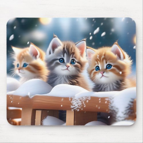 Three Tabby Cats Playing in the Snow  Mouse Pad