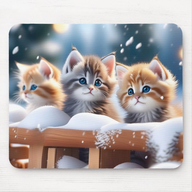 Three Tabby Cats Playing in the Snow  Mouse Pad (Front)