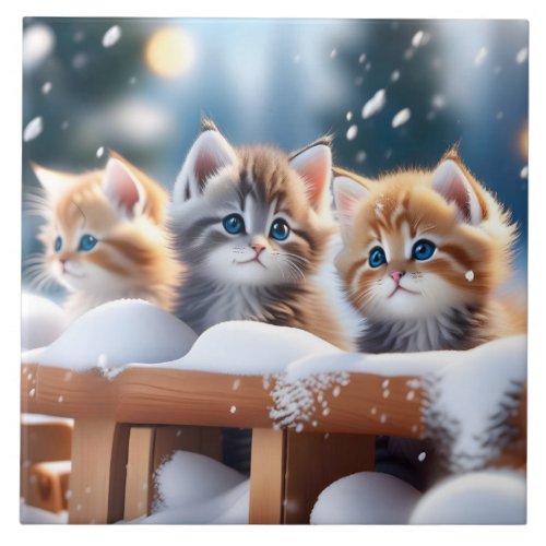 Three Tabby Cats Playing in the Snow Portrait Pose Ceramic Tile